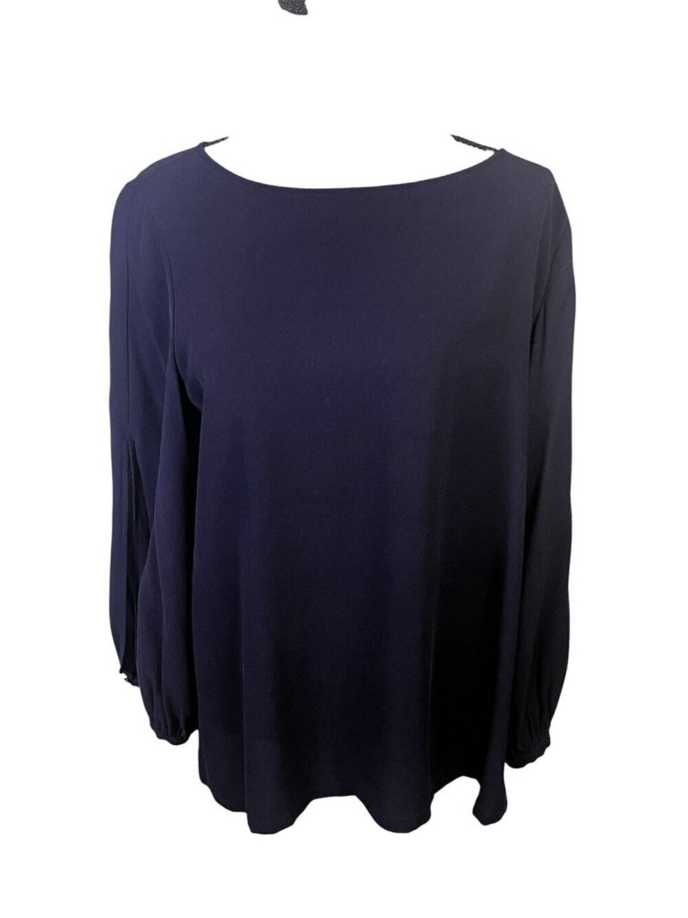 Eileen Fisher Sz S 100% Silk Top Navy Button Balloon Sleeves Oversize Scoop NecK